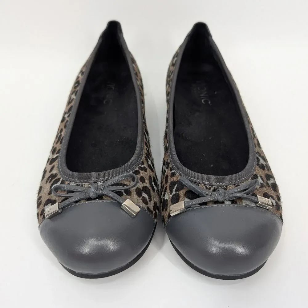Vionic Women's Gray Brown Leopard Animal Print Leather Minna Flats Bow 8.5